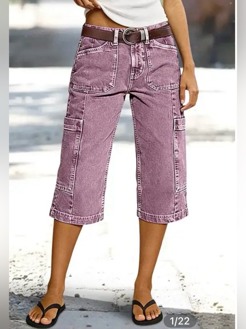 Flamingals Flap Pocket Stitch Detail Mid Waist Straight Leg Capri Pants in Plum